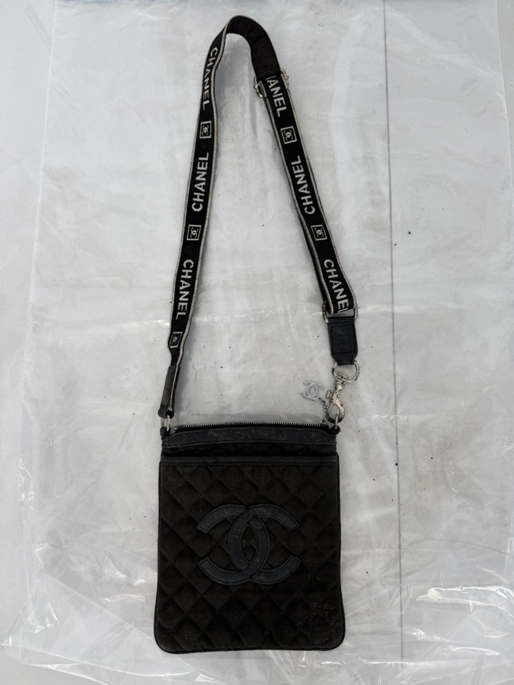 Designer Inspired Black Quilted Crossbody Bag with Logo Strap and Hardware